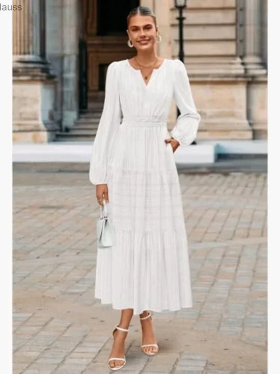 Long Sleeve V Neck Tiered Cotton Maxi Dress with Pockets Midi Casual - Picture 4 of 7